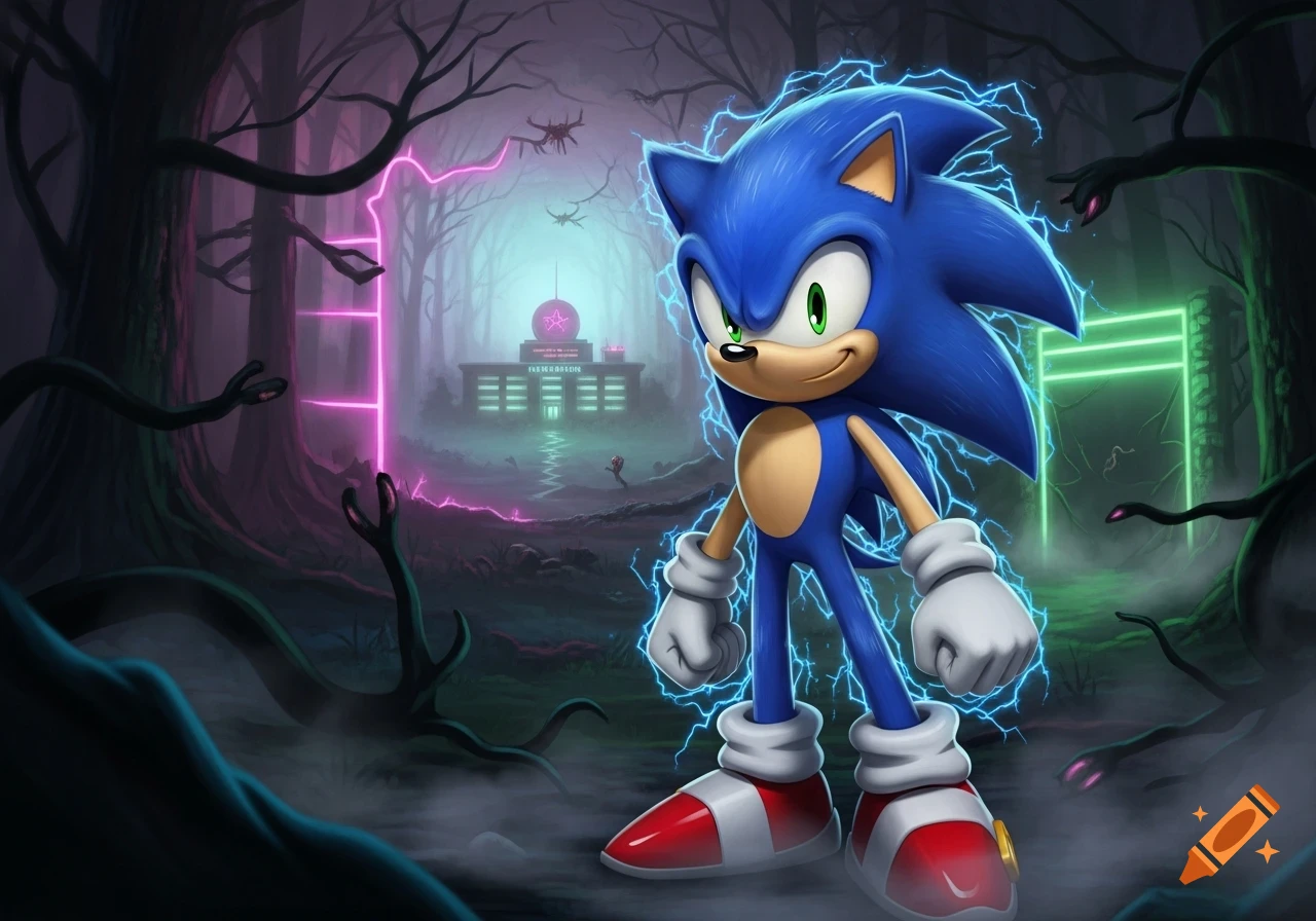 Sonic the Hedgehog stands in a dark, misty forest illuminated by pink and green neon lights, with a building in the background.