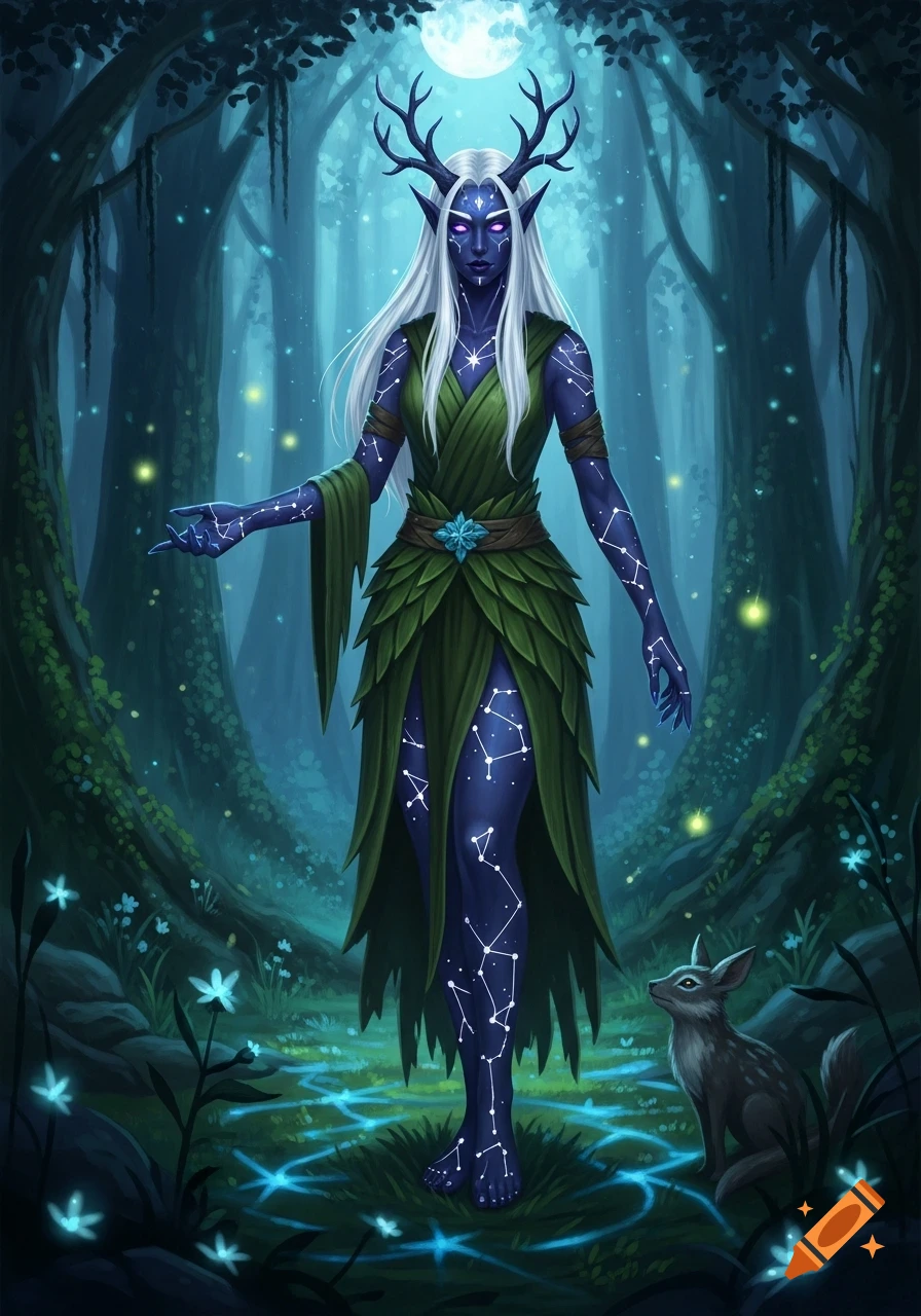 A female Drow elf druid with blue skin, white hair, antlers, and constellation tattoos stands in a moonlit forest with a small animal.