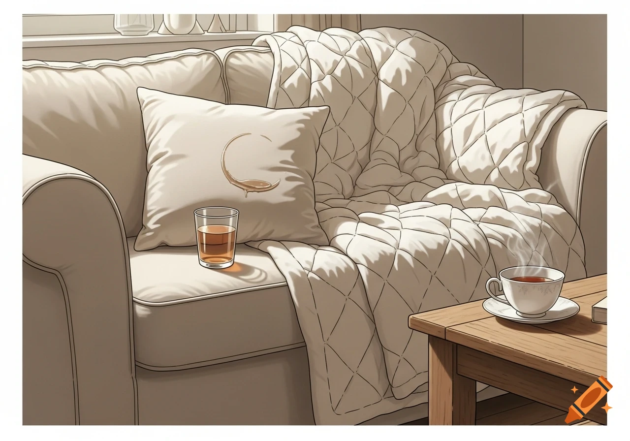 A cozy illustrated living room with a white couch, quilted blanket, a pillow with a coffee ring, a glass of amber liquid, and a steaming teacup on a side table.