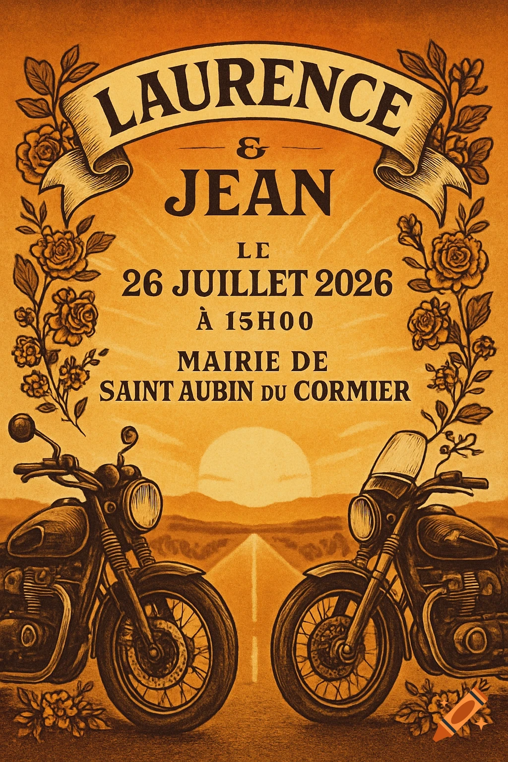 Vintage-style wedding invitation for Laurence and Jean with motorcycles, floral vines, and a sunset over a road.
