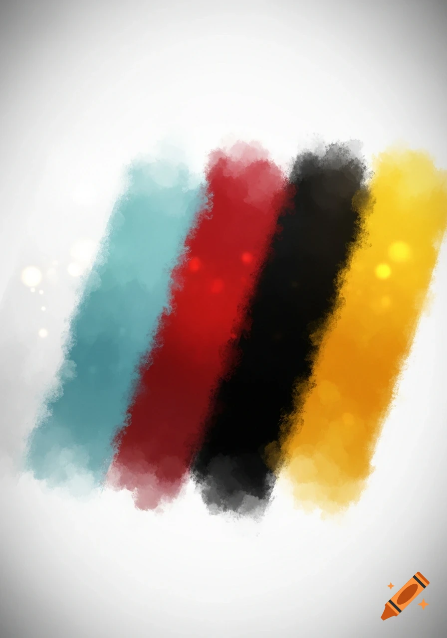 Four diagonal, fuzzy brushstrokes in turquoise, red, black, and yellow on a white background with bokeh effects.