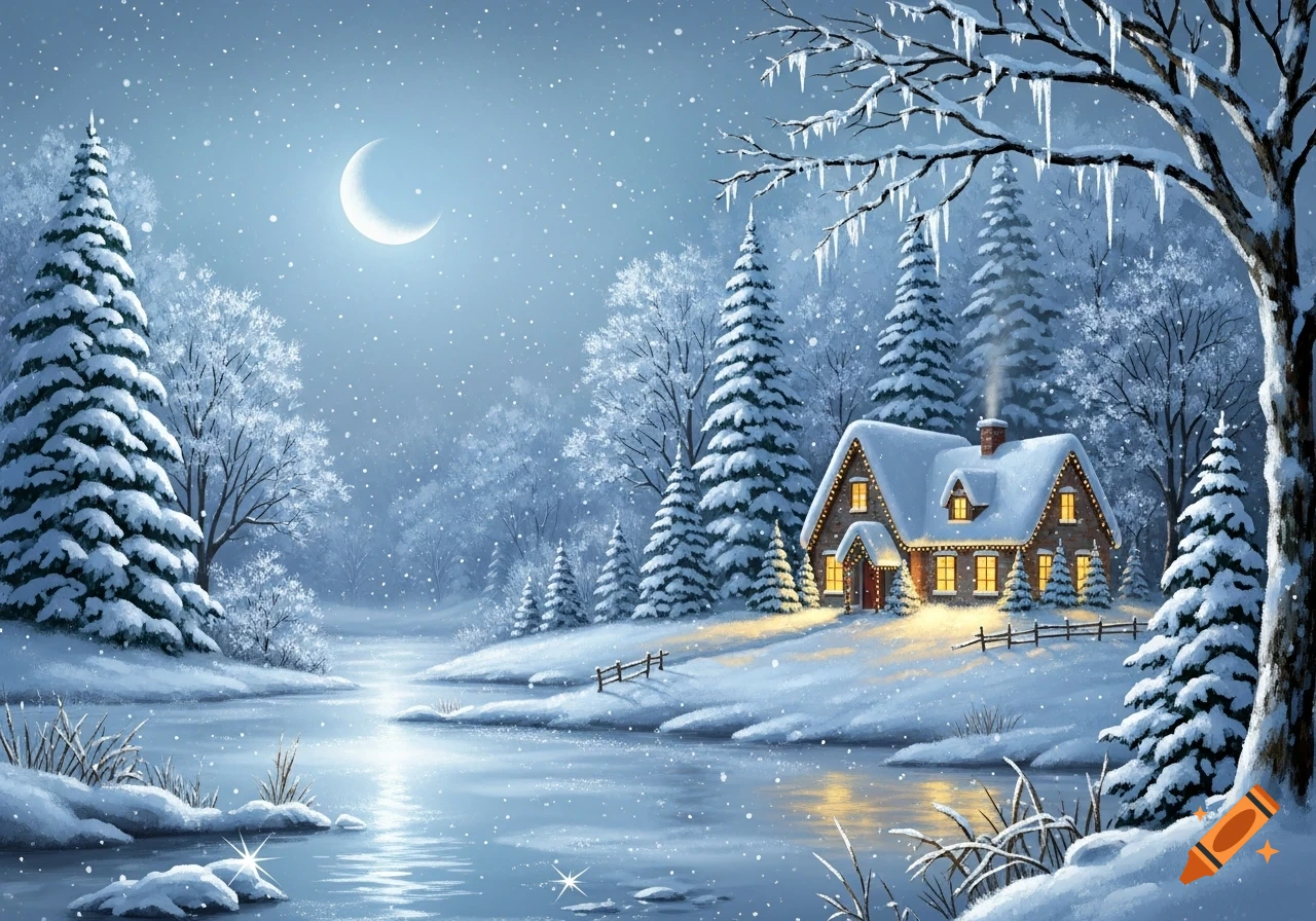 A picturesque digital art winter scene featuring a snow-covered cabin with glowing lights by a frozen river under a crescent moon, surrounded by pine trees.
