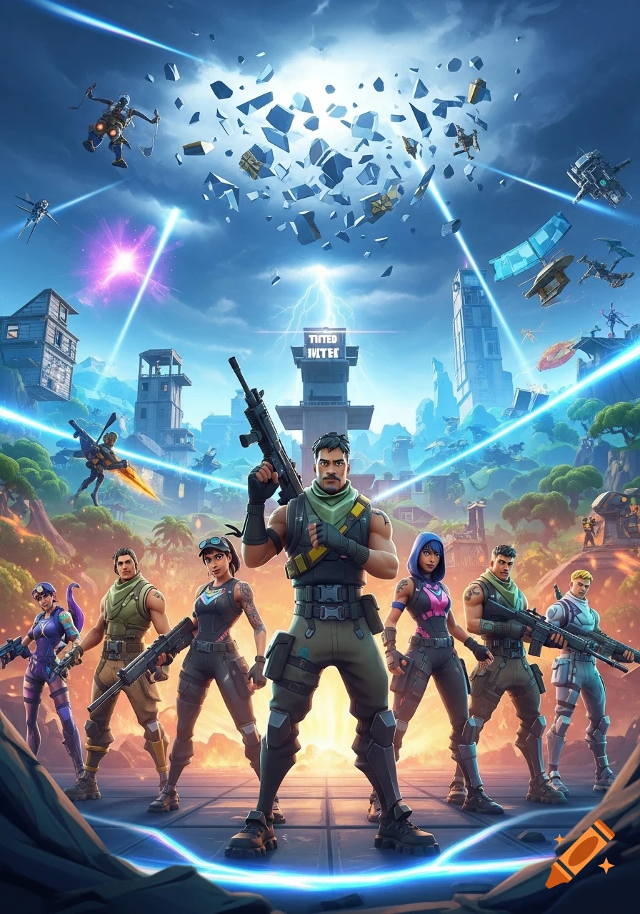 Stylized image of Fortnite characters posing with weapons in a vibrant, futuristic landscape with flying vehicles and a city in the background, under a cloudy sky with light rays.