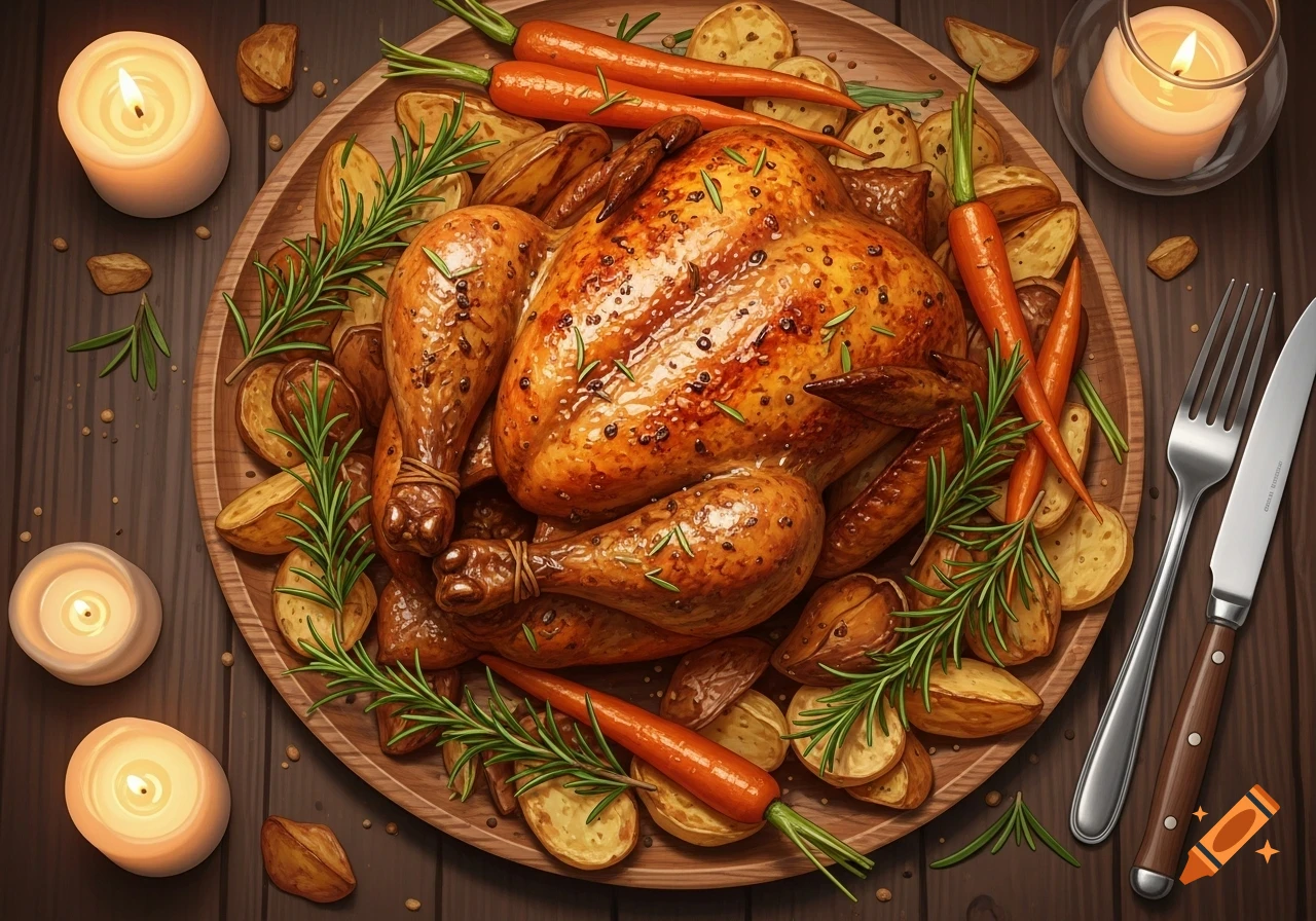 Overhead shot of a golden roasted chicken on a wooden platter with potatoes, carrots, rosemary, candles, and cutlery.