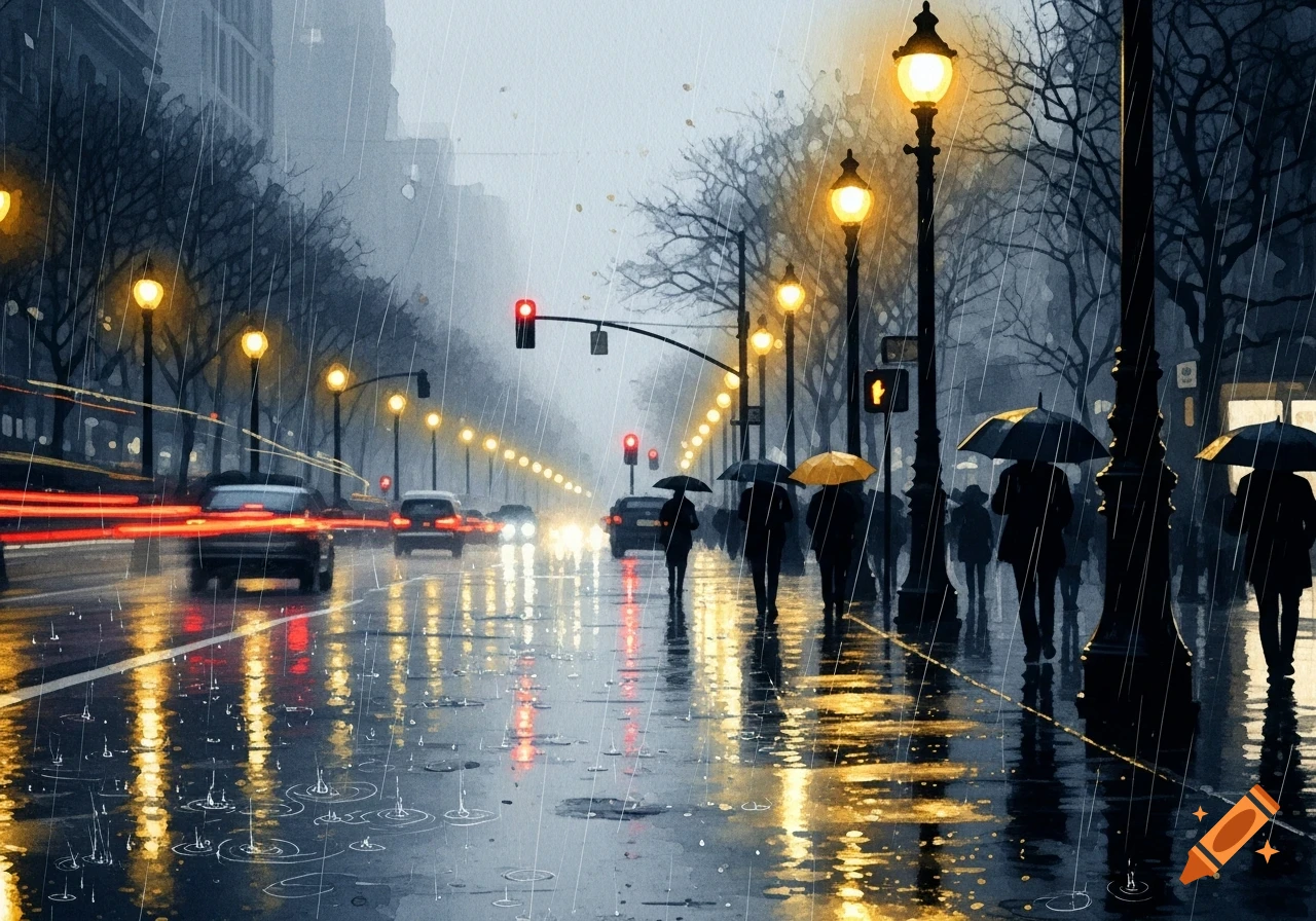 A watercolor painting of a rainy city street at night, with glowing street lamps, cars with light trails, and people holding umbrellas.