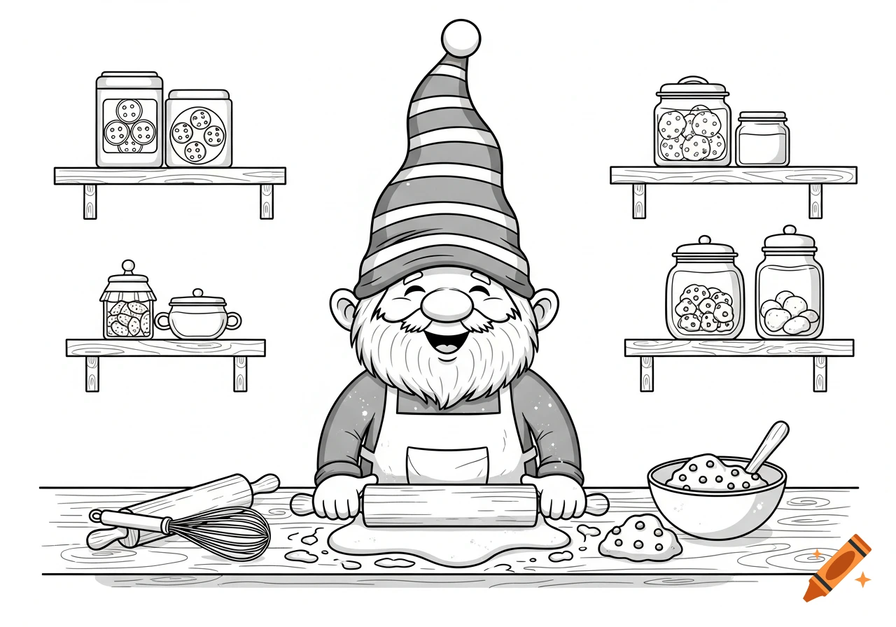 Black and white cartoon illustration of a happy gnome in an apron baking cookies, rolling dough on a wooden table, with jars of treats on shelves behind him.