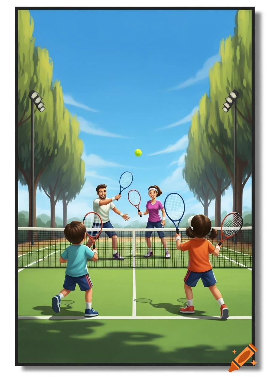 A cartoon family, a man, woman, boy, and girl, play tennis on a green court under a blue sky, surrounded by trees.