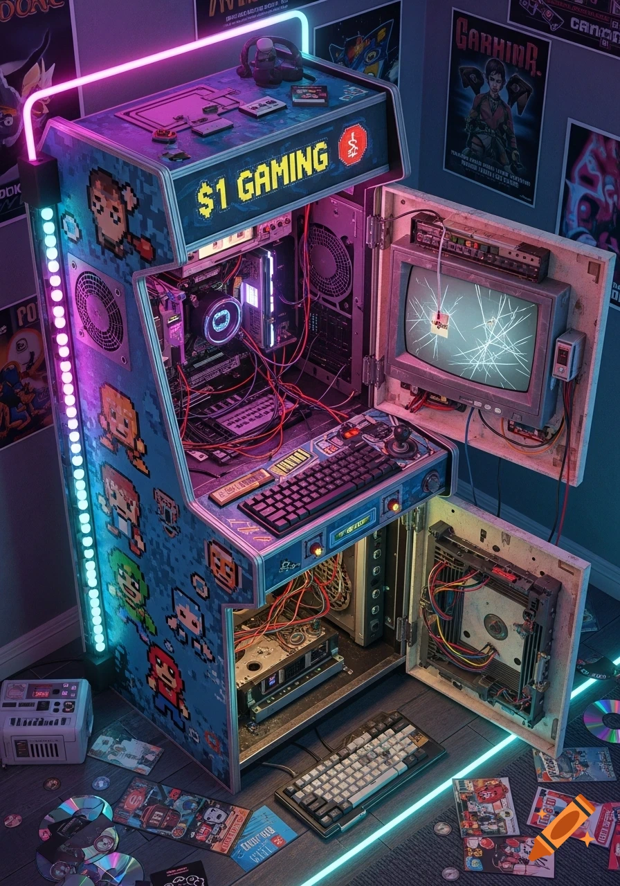 An elaborate arcade cabinet with neon pink and blue lighting, featuring pixel art characters on its side and a display showing "$1 GAMING". The cabinet is open, revealing a PC setup with numerous wires, a keyboard, and a broken CRT monitor next to it. CDs and game cards are scattered on the floor around the machine, all in a cyberpunk-inspired style.