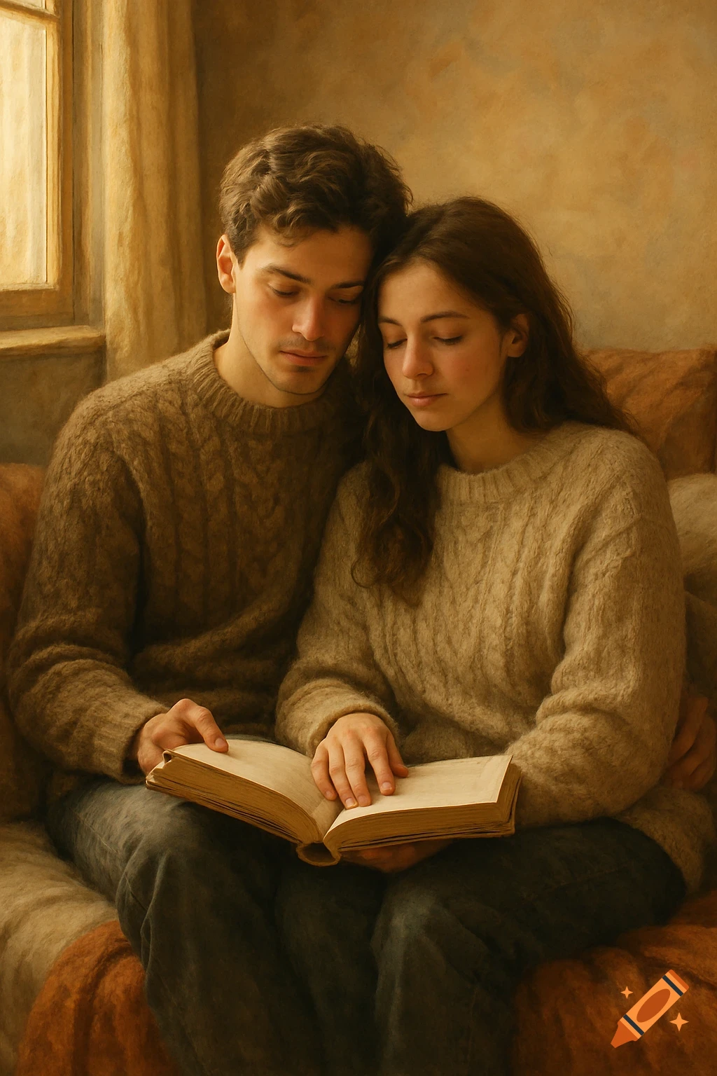 A young man and woman sit on a cozy bed, reading a book together in soft natural light, in a realistic style.