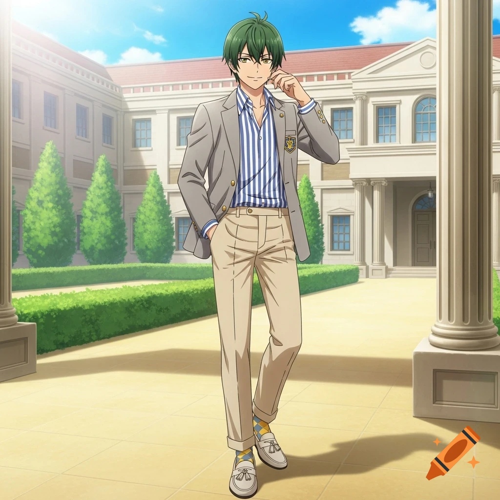 Anime male with green hair in a preppy blazer and chinos, standing confidently in front of an academy building.