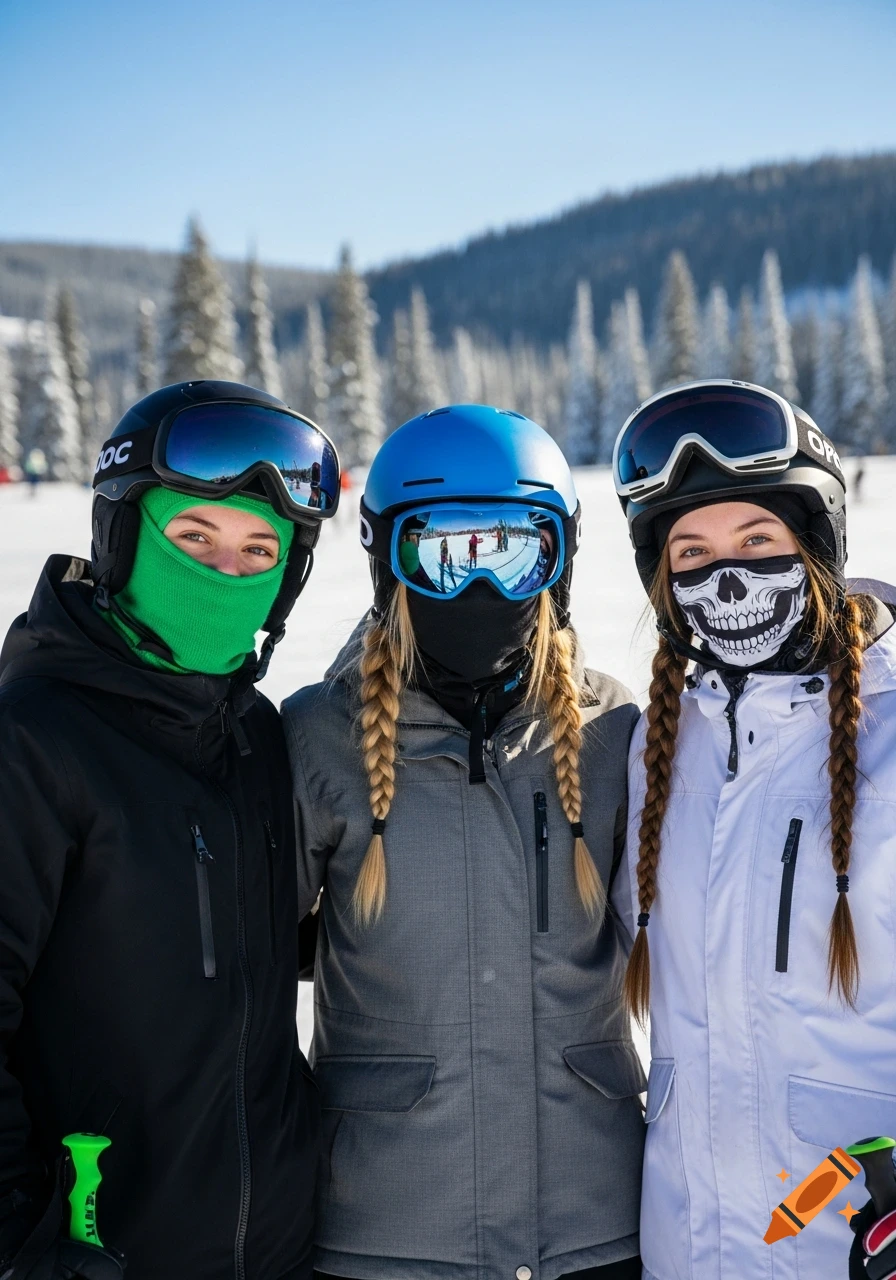 Three young women in ski gear, including helmets and goggles, standing together on a snowy mountain with trees.