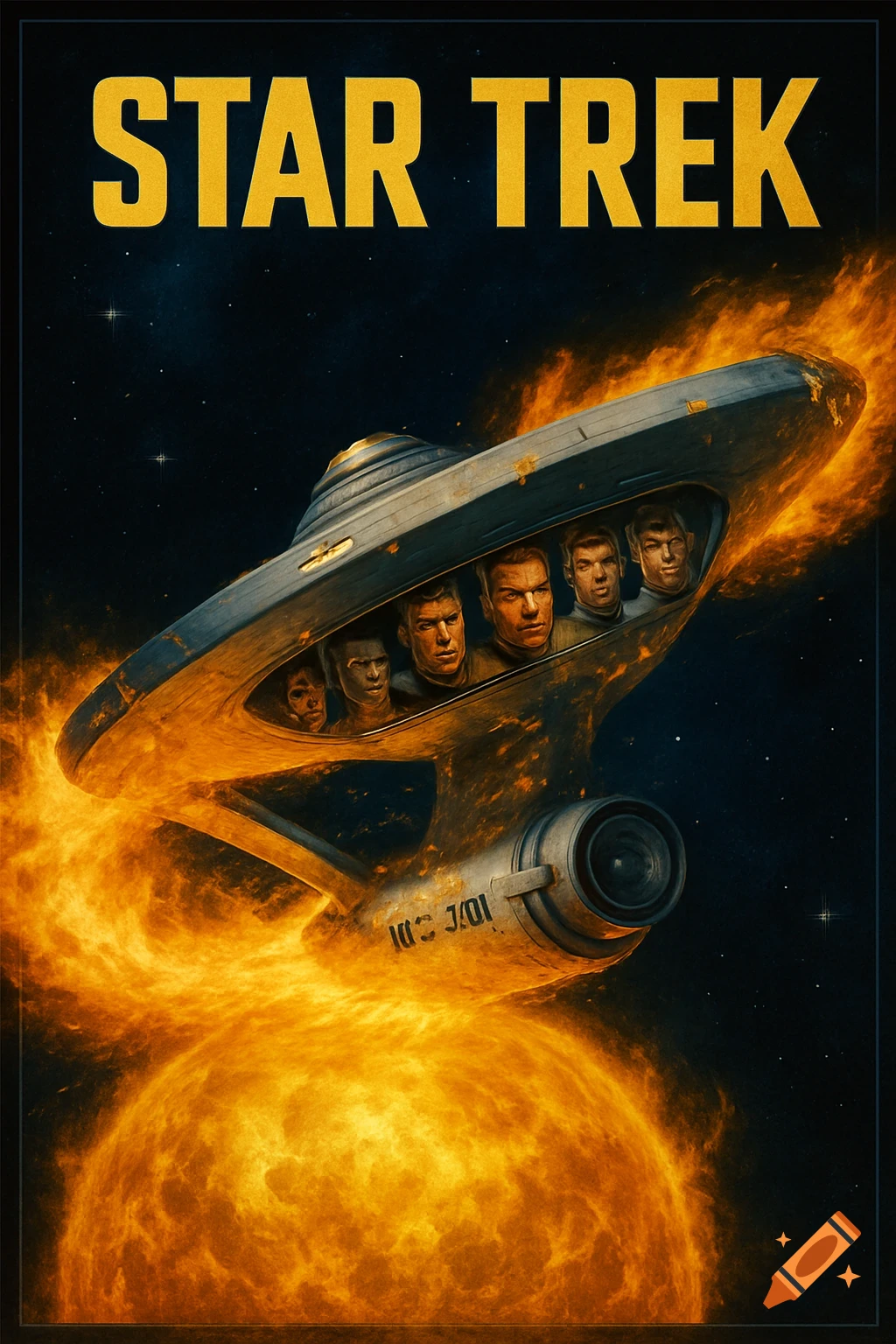 A stylized movie poster for Star Trek features the USS Enterprise bursting from a fiery yellow sun with panicking crew members in the window. The title "STAR TREK" is prominent at the top.