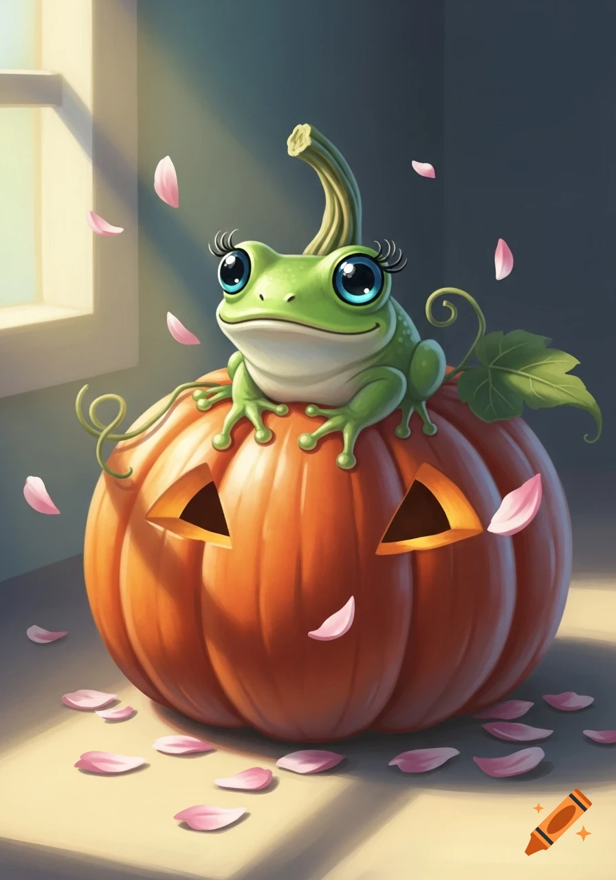 A cute green frog with big blue eyes and long eyelashes sits on a carved Halloween pumpkin, surrounded by falling pink petals. Kawaii art style.