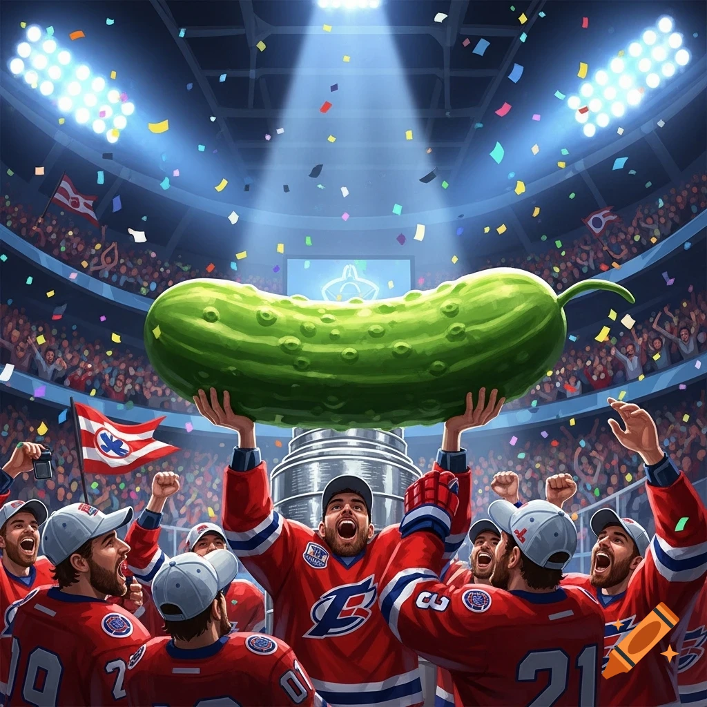 Illustrated image of ecstatic hockey players in a packed arena, celebrating by lifting a giant pickle and trophy base as confetti falls.