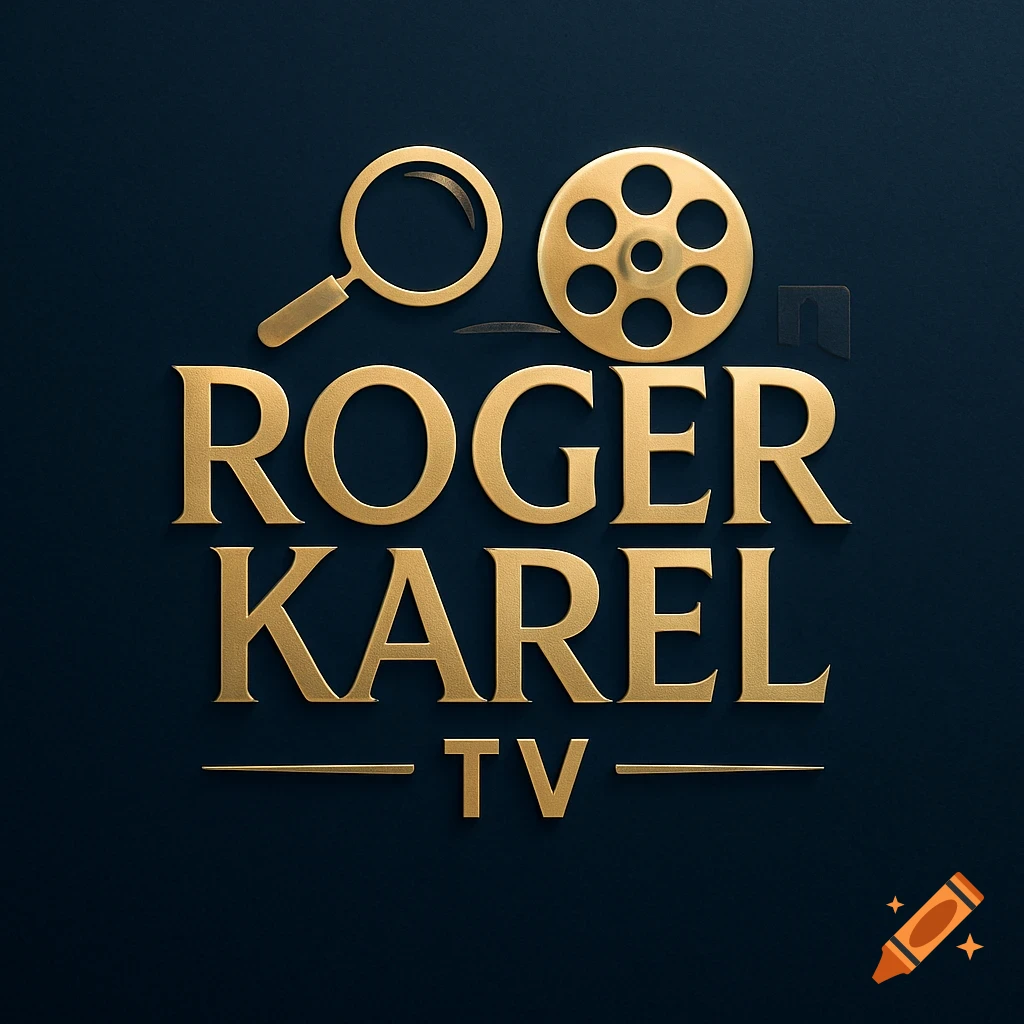 Gold embossed logo with text "ROGER KAREL TV", a magnifying glass, and a film reel on a dark blue background.