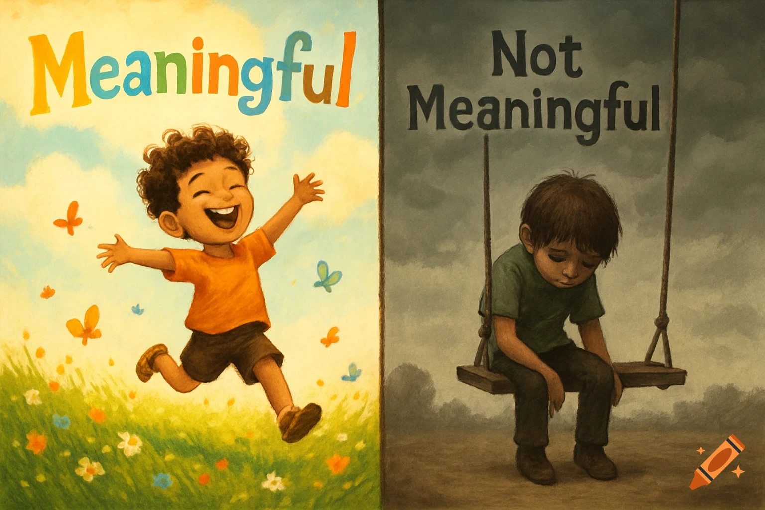 Illustration of a happy child running under 'Meaningful' and a sad child on a swing under 'Not Meaningful'.