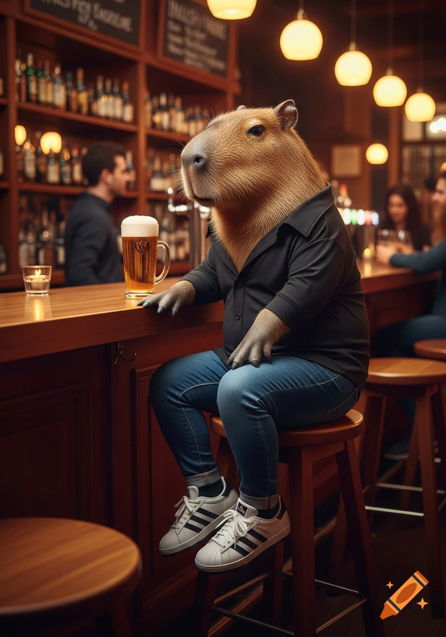 A photorealistic capybara in a black shirt, jeans, and sneakers sits at a wooden bar counter with a glass of beer.
