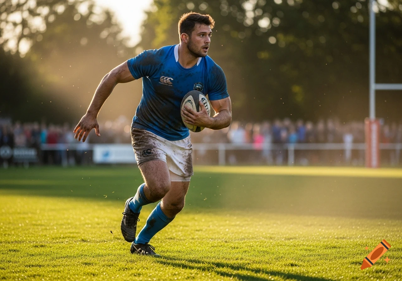 A muscular male rugby player in a blue and white muddy uniform runs with a rugby ball on a grass field during sunset, viewed from the side.