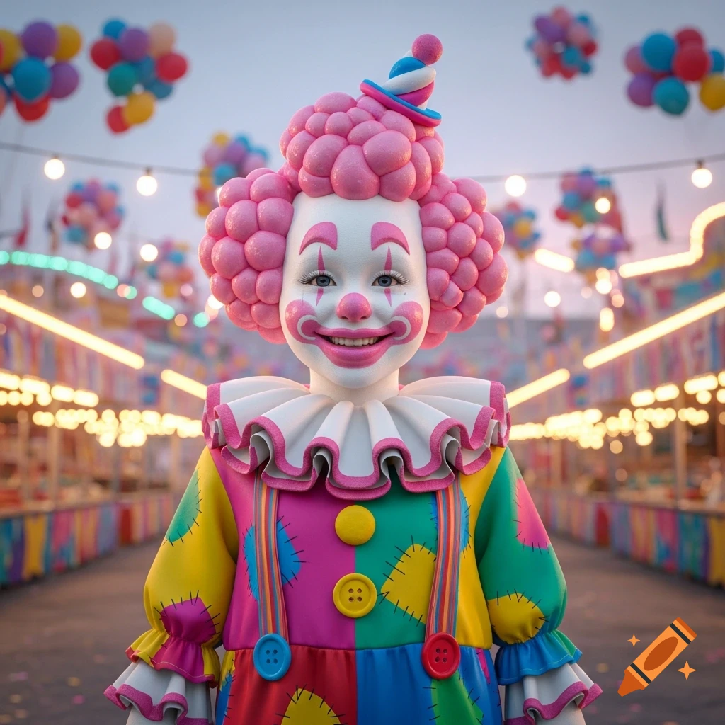 A smiling, colorful clown with pink marshmallow-textured hair and a patchwork costume stands in a brightly lit carnival.