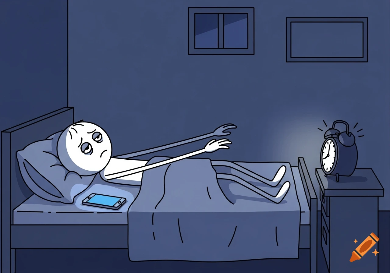 A tired cartoon stick figure lies in bed reaching for a glowing alarm clock, with a phone next to them.