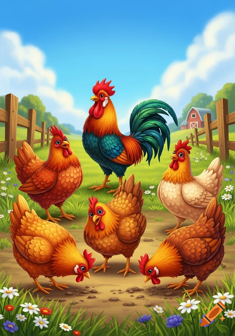 A vibrant cartoon illustration of a colorful rooster surrounded by five hens in a sunny farmyard with a barn.