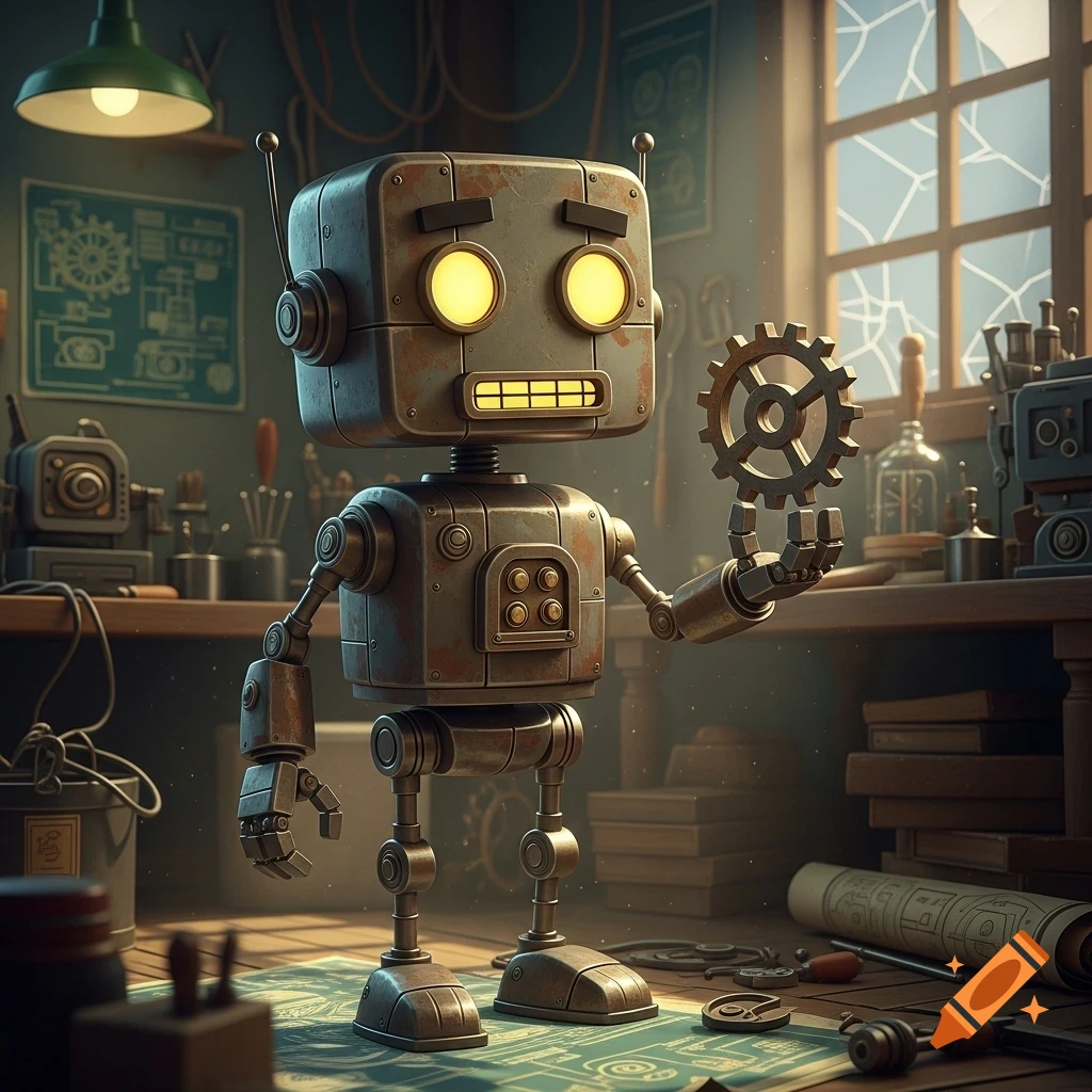 A rusty, cartoonish robot with glowing yellow eyes holds a metal gear in a cluttered, vintage-style workshop.