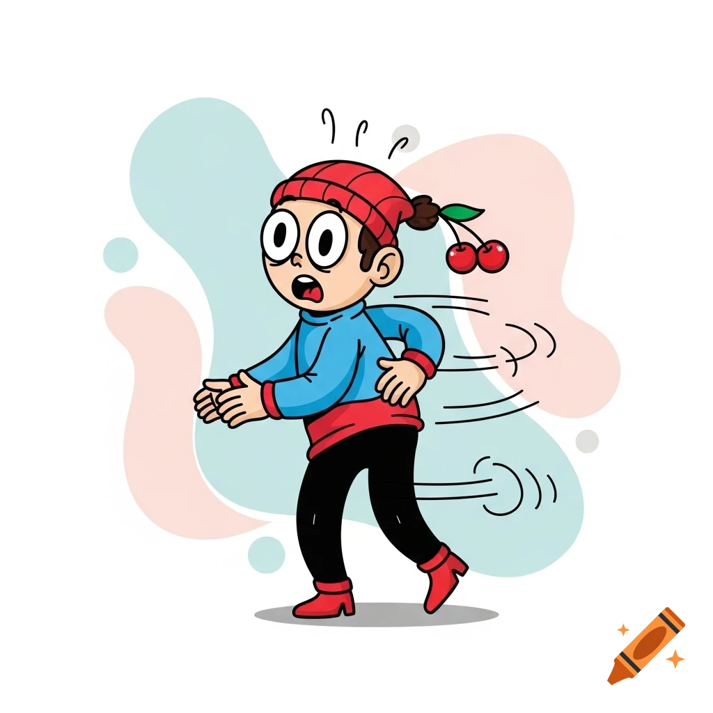A surprised cartoon boy in a red beanie with cherries turns while running, with motion lines behind him.
