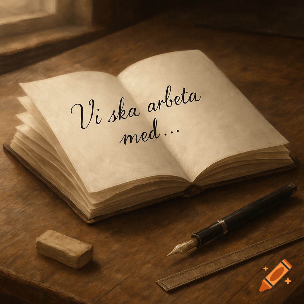 An open notebook with "Vi ska arbeta med..." written on it, a fountain pen, and an eraser on a wooden desk.