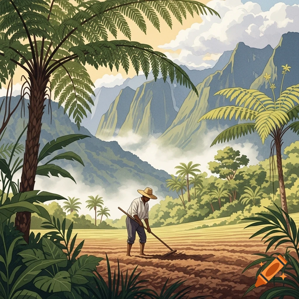 A man cultivates a field with a hoe in a lush tropical landscape with mountains and palm trees, in a watercolor illustration style.