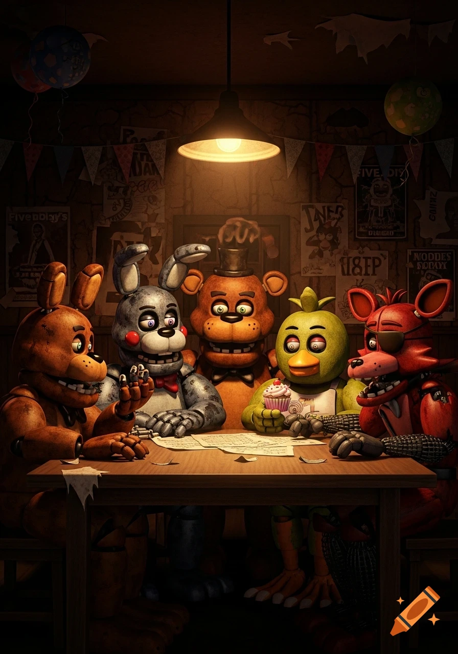 Five Nights at Freddy's animatronics, including Freddy, Bonnie, Chica, and Foxy, sit around a wooden table in a dimly lit room with posters on the walls.