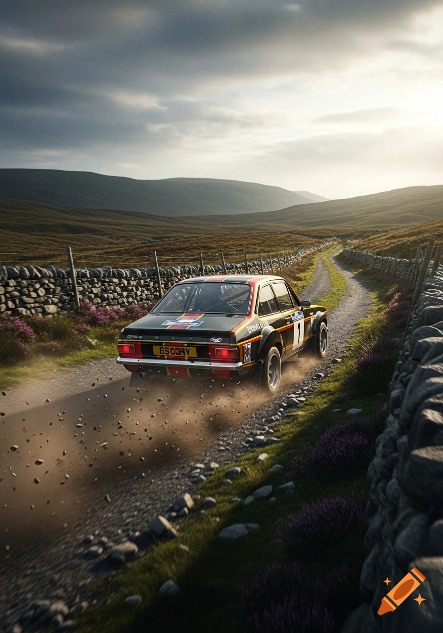 A Ford Escort RS2000 MK2 rally car kicks up dust on a winding dirt track through a hilly, green Scottish landscape under a cloudy sky.