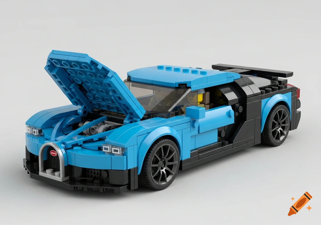 A bright blue and black LEGO Bugatti Bolide model with its front hood and doors open, revealing a detailed engine and cockpit.