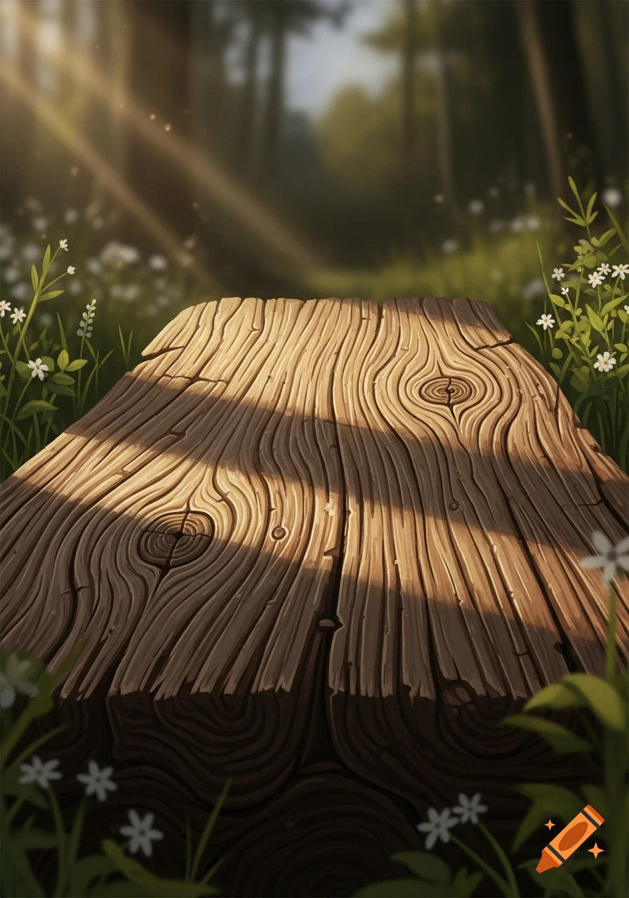 Stylized wooden surface bathed in sunlight in a lush forest with white flowers, rendered in a digital art style.
