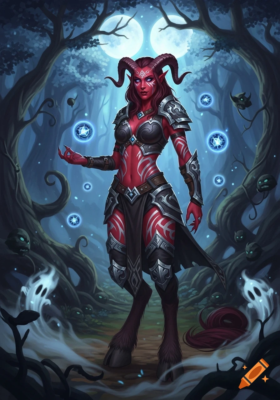 A red-skinned tiefling woman with horns and hooves, wearing dark armor, stands in a mystical forest under two moons, surrounded by glowing blue orbs.