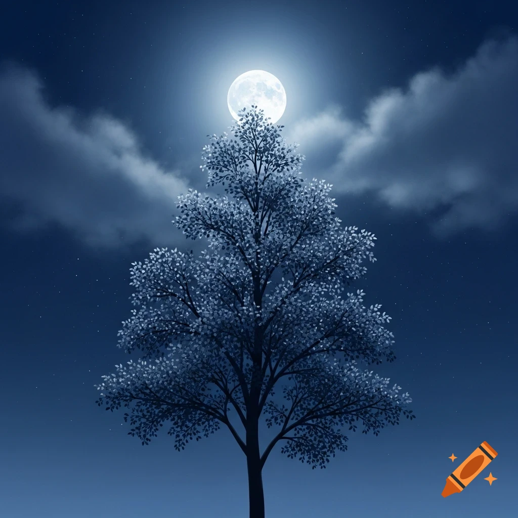 A silhouetted tree with silvery leaves under a bright full moon in a cloudy night sky.