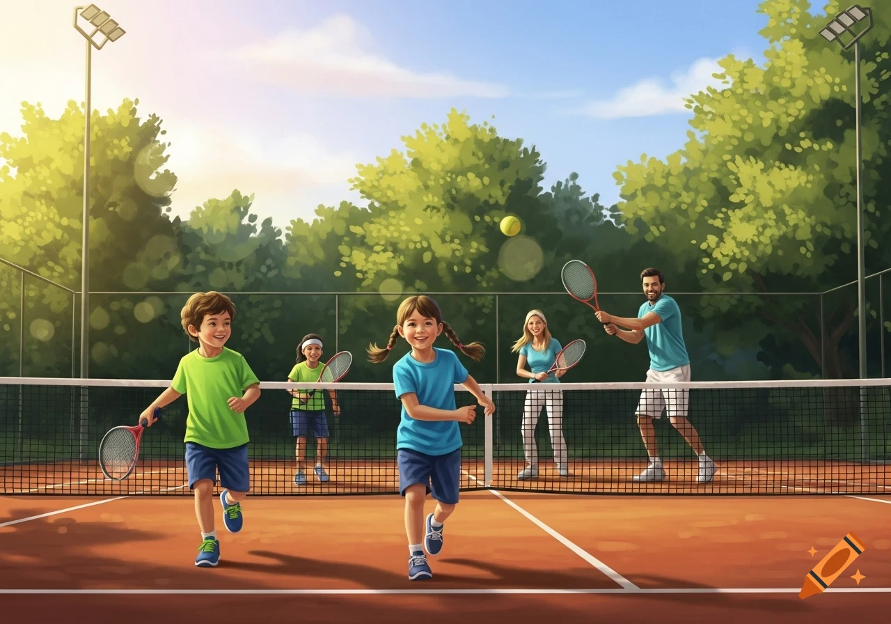 An illustration of a family, two adults and two children, happily playing tennis on an outdoor court.