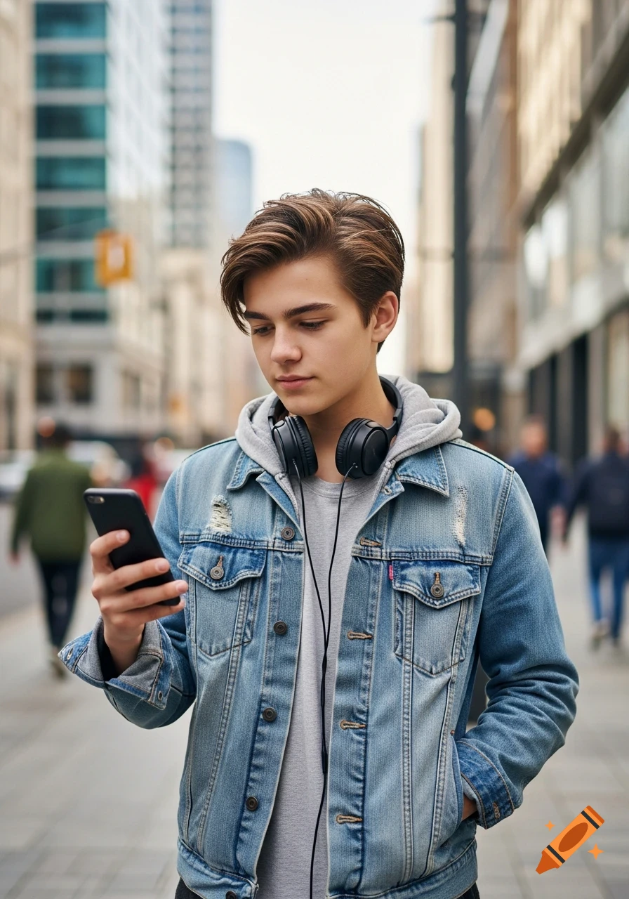 A young man with headphones, wearing a denim jacket and hoodie, looks at his phone while walking on a city street.