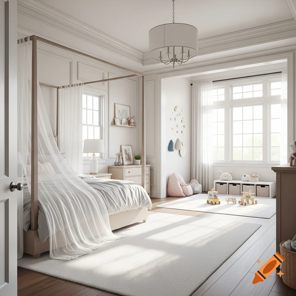 Bright, photorealistic bedroom with a white canopy bed and a play area with wooden toys on a white carpet.