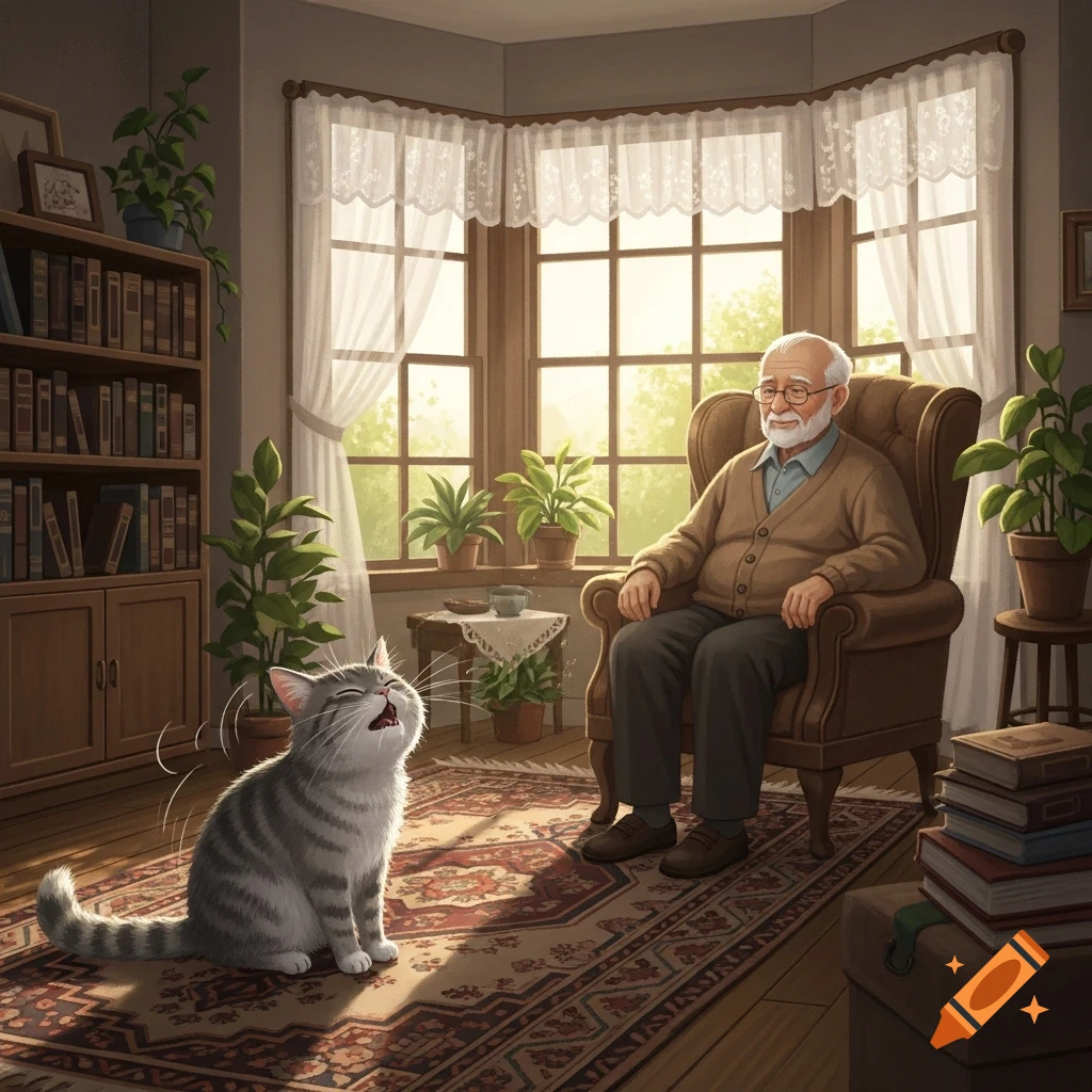 Illustration of a cozy living room where an old man sits by a bay window, watching a gray tabby cat with its mouth open on a patterned rug.