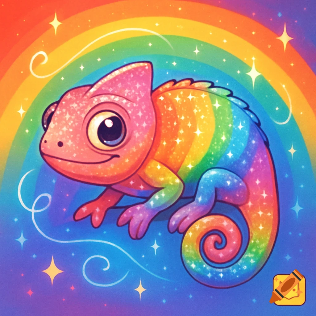 A cute, sparkling rainbow chameleon with a pink head, set against a vibrant rainbow background with stars.