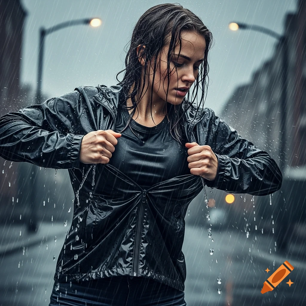 A young woman in a black rain jacket stands in pouring rain on a city street, pulling open her jacket with a determined look.