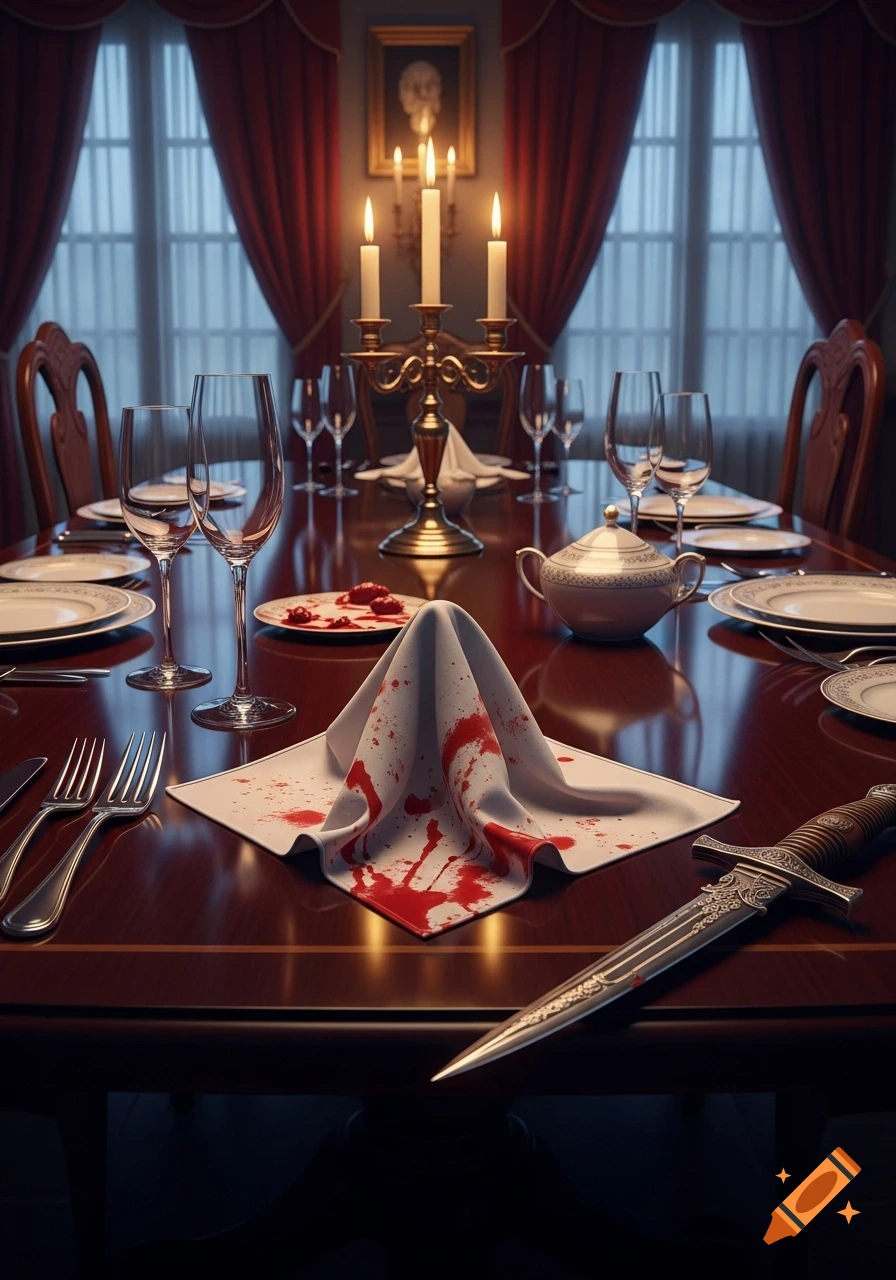 Photorealistic formal dining table with blood-splattered napkin, dagger, candles, glasses, and plates.