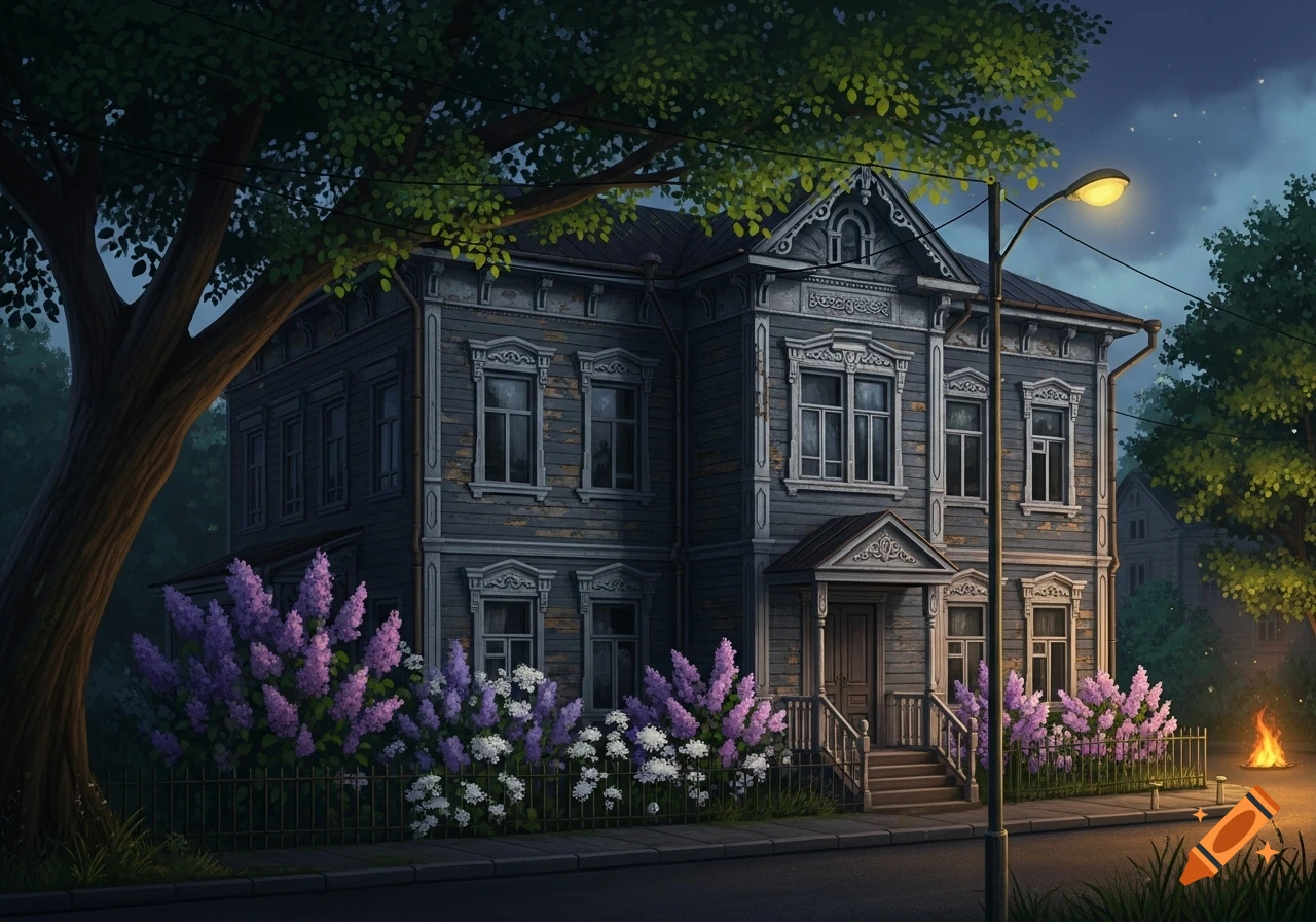 An old, gray wooden house with ornate trim and lilac bushes at night, lit by a street lamp and a small fire on the curb.