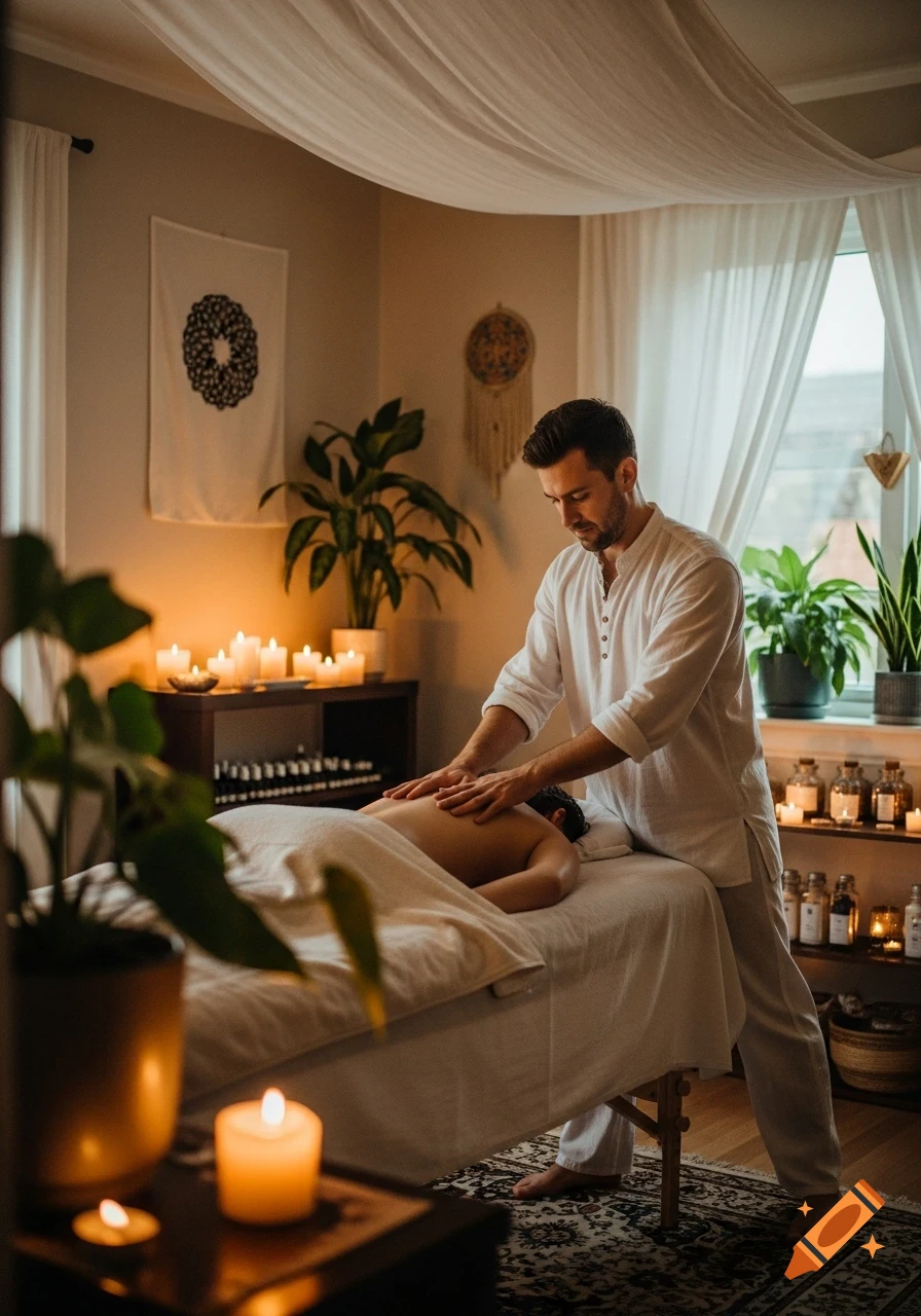A man giving a back massage to a client in a tranquil, candlelit room with plants.