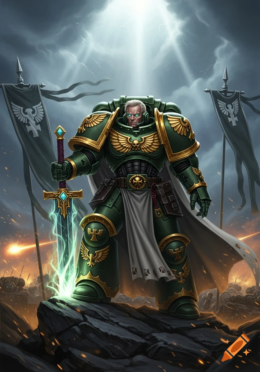 A powerful warrior in green and gold power armor with a glowing sword stands on a rock, overlooking a stormy battlefield under lightning.