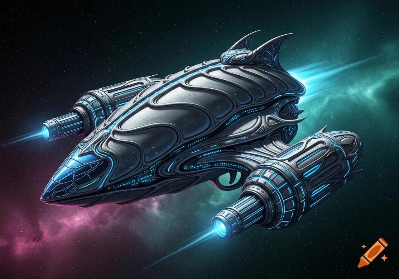 A futuristic, organic-designed spaceship with glowing blue accents soars through space with vibrant pink and green nebulae.