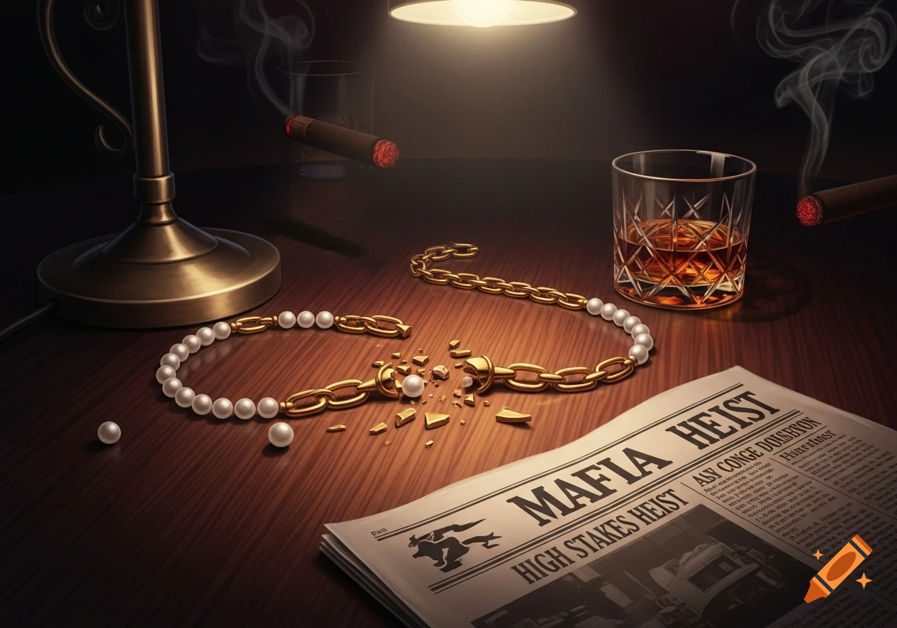 A wooden table dimly lit, featuring a broken pearl and gold chain necklace, a glass of whiskey, two lit cigars, and a newspaper headlining "MAFIA HEIST" and "HIGH STAKES HEIST".