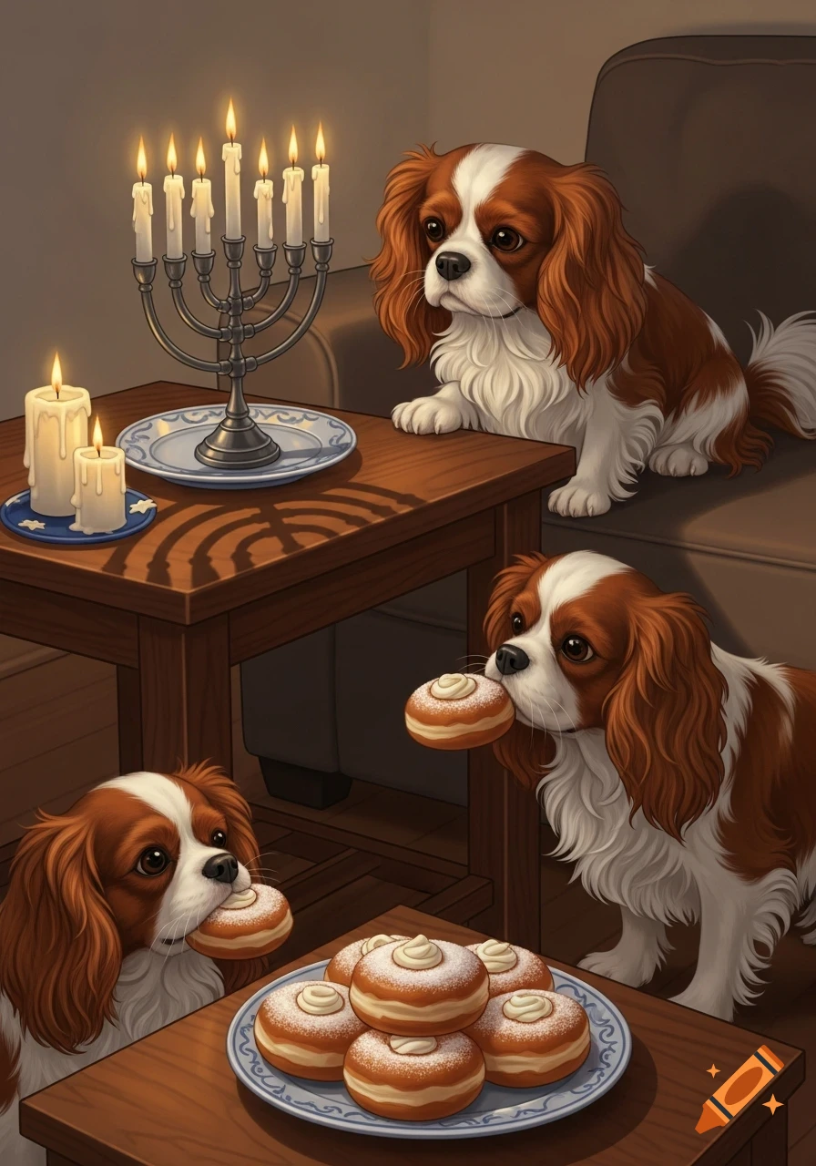 Illustrative image of three Cavalier King Charles Spaniels around a lit menorah and sufganiyot, two dogs holding donuts.