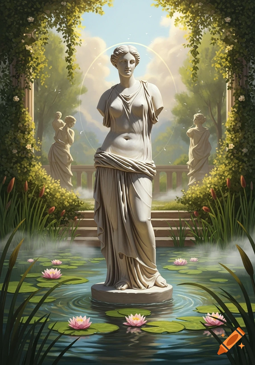 A classical marble statue of a draped female figure stands in a pond with pink lily pads, surrounded by lush garden greenery and other statues.