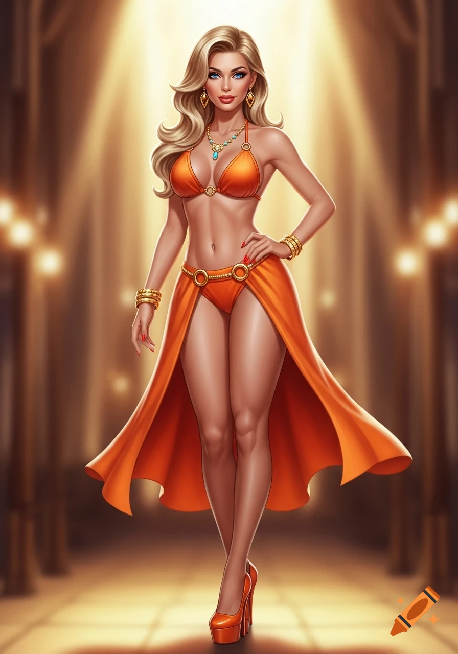 An illustration of a blonde woman with blue eyes, wearing an orange bikini, a long orange skirt, heels, and lavish jewelry.